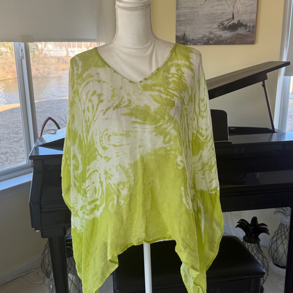 Chicos linen lime green paisley swirl spring  summer top poncho oversize flowing